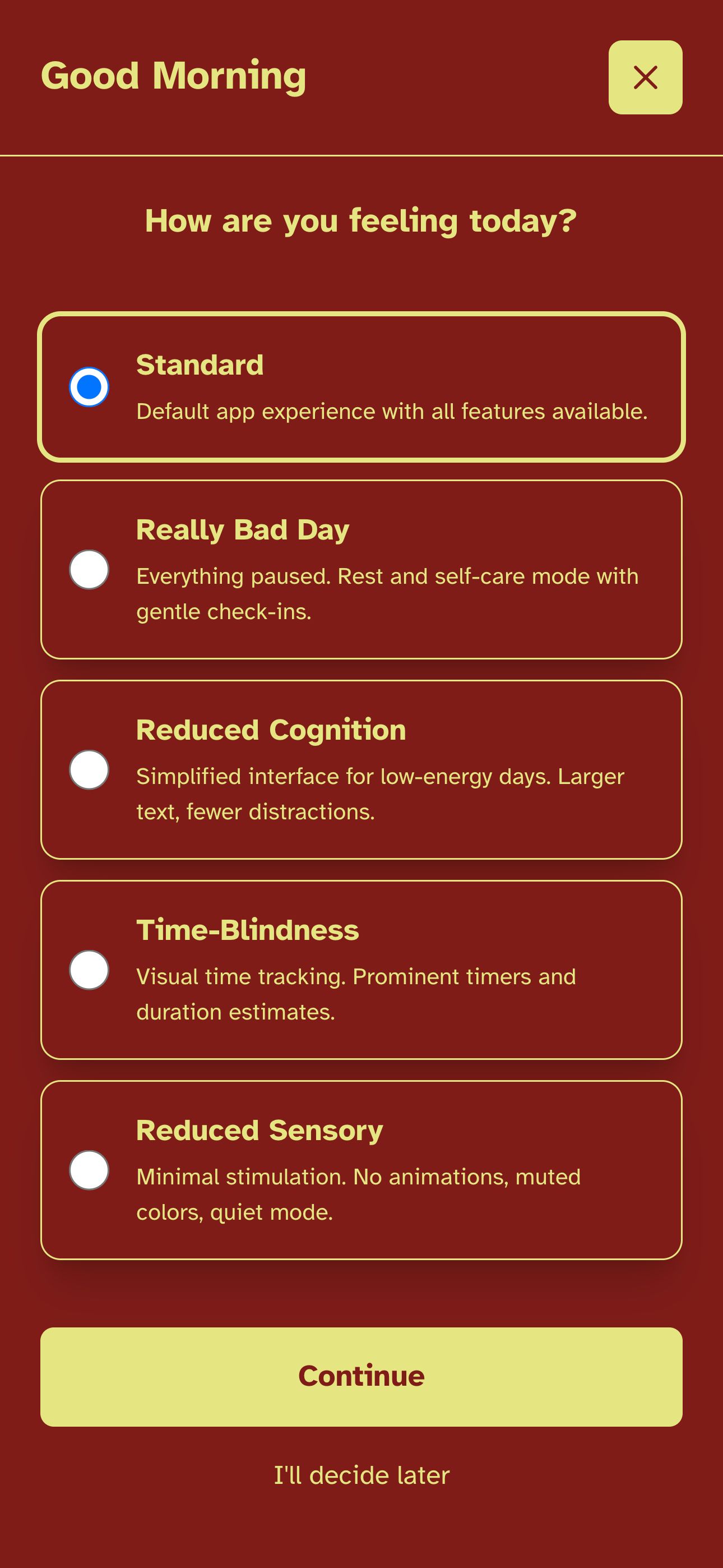 TearOff morning check-in screen