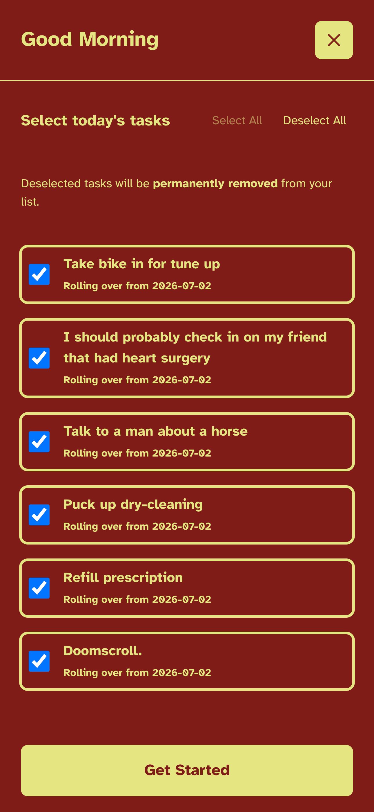 TearOff morning check-in screen