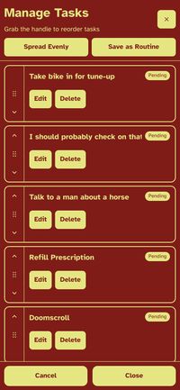TearOff app screenshot showing the manage tasks screen